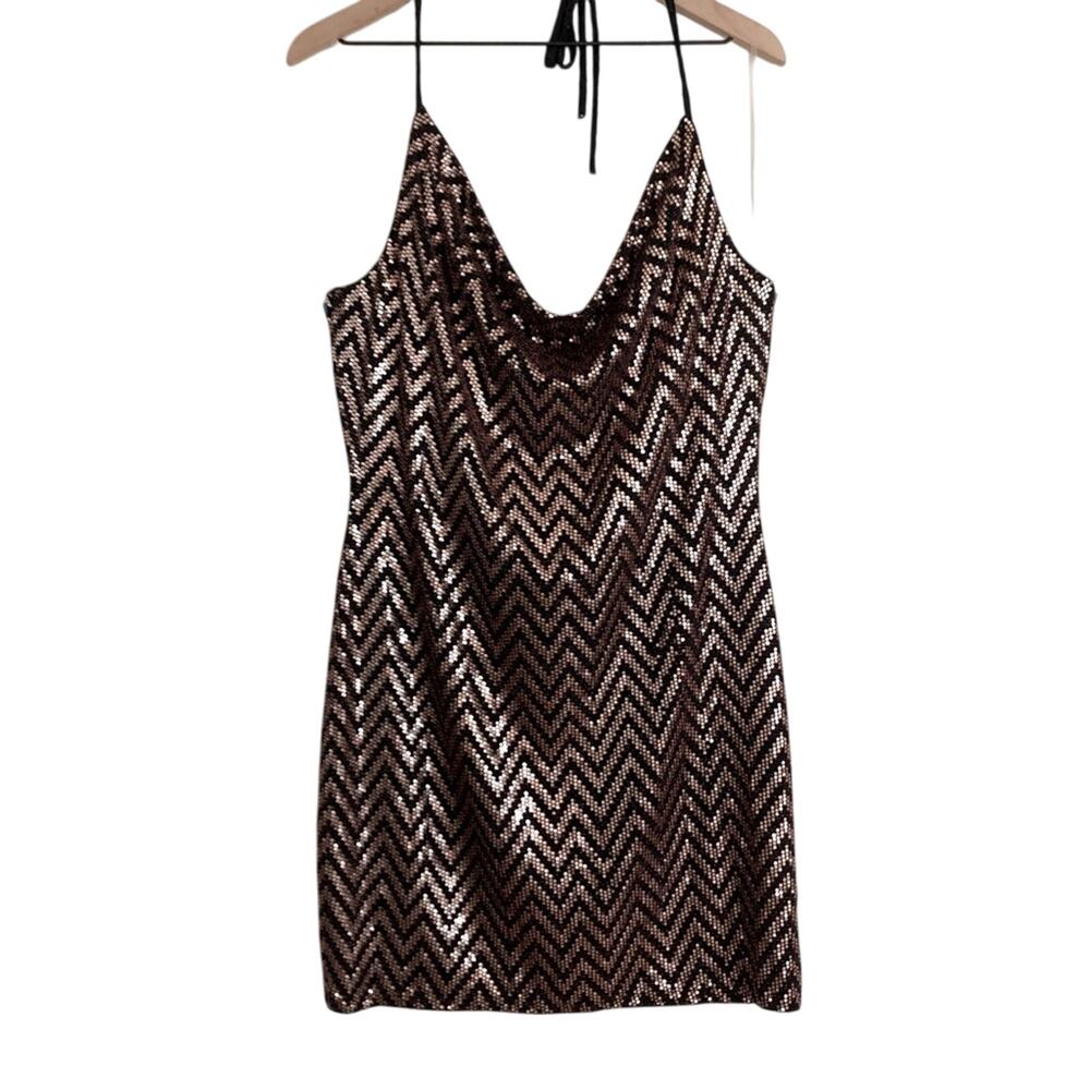 Curvy Sense Holiday Sequin Christmas Black Rose Gold Halter Bodycon Mini Dress